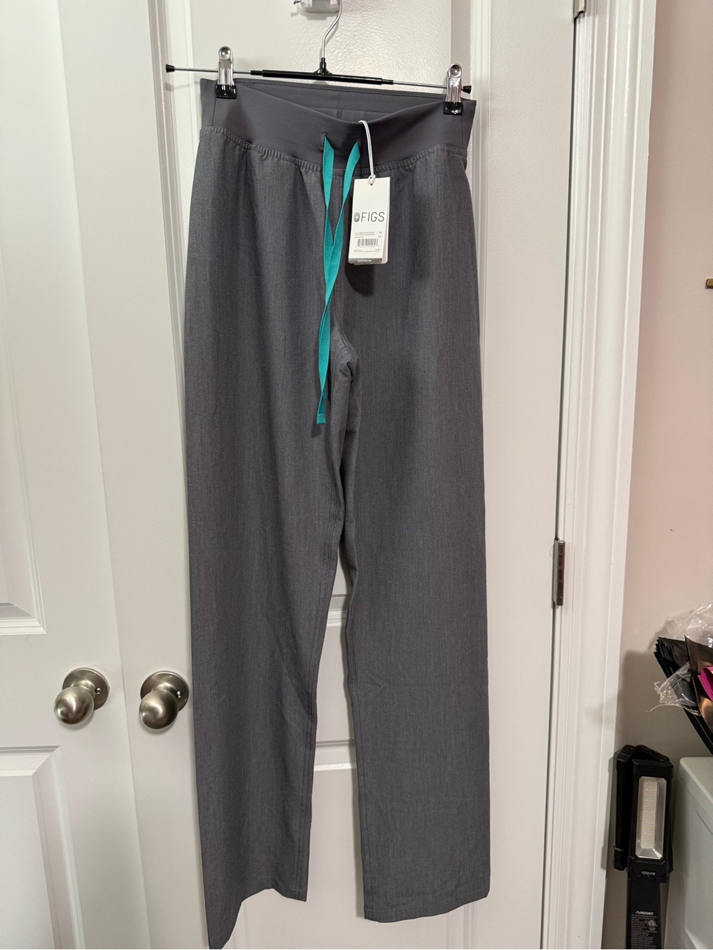 BUNDLE FIGs Women's Gray Scrub Pants with Teal Drawstring BUNDLE